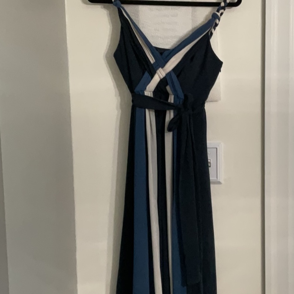 Max & Cleo Navy, Blue, and White Striped Midi Dress
